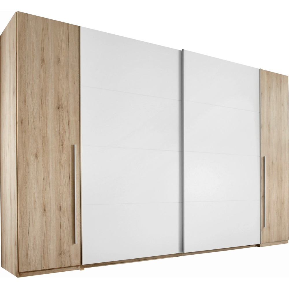 Tato velkoryse dimenzovaná skříň se dvěma posuvnými dveřmi i dvěma otočnými dveřmi v dekorech dub San Remo a bílá nabízí rozsáhlý prostor pro váš šatník a je stylovým doplňkem ve vašem příbytku. Příjemný design