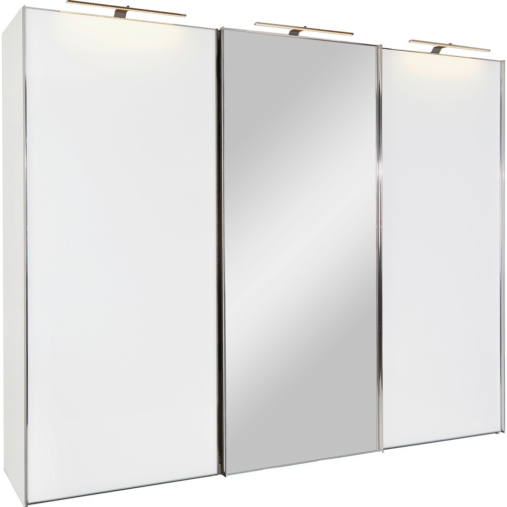 Moderní skříň s posuvnými dveřmi vyhotovenými v kombinaci alpské bílé se skleněným povrchem přináší do ložnice funkčnost a elegantní vzhled. Jedny ze tří dvěří disponují velkým zrcadlem. Lištové úchyty v barvě chromu zaokrouhlují celkový design ve velkém stylu.   Šatník o rozměrech cca 249 x 240 x 68 cm (Š / V / H) je vybaven 3 posuvnými dveřmi - velké zrcadlo vizuálně zvětšuje