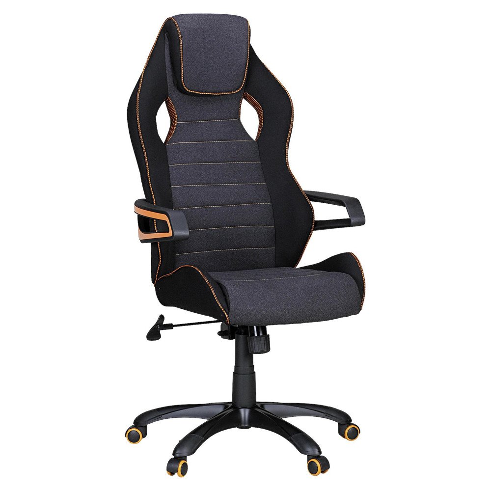 Toto zboží je k dispozici POUZE ONLINE.  Herní židle VALENTINO představuje skutečný poutač: její elegantní černo-šedý potah z polyesteru zdobí oranžové prošívání a rovněž plastové područky mají prvky oranžové barvy. Dokonce i pět koleček na tvrdou podlahu