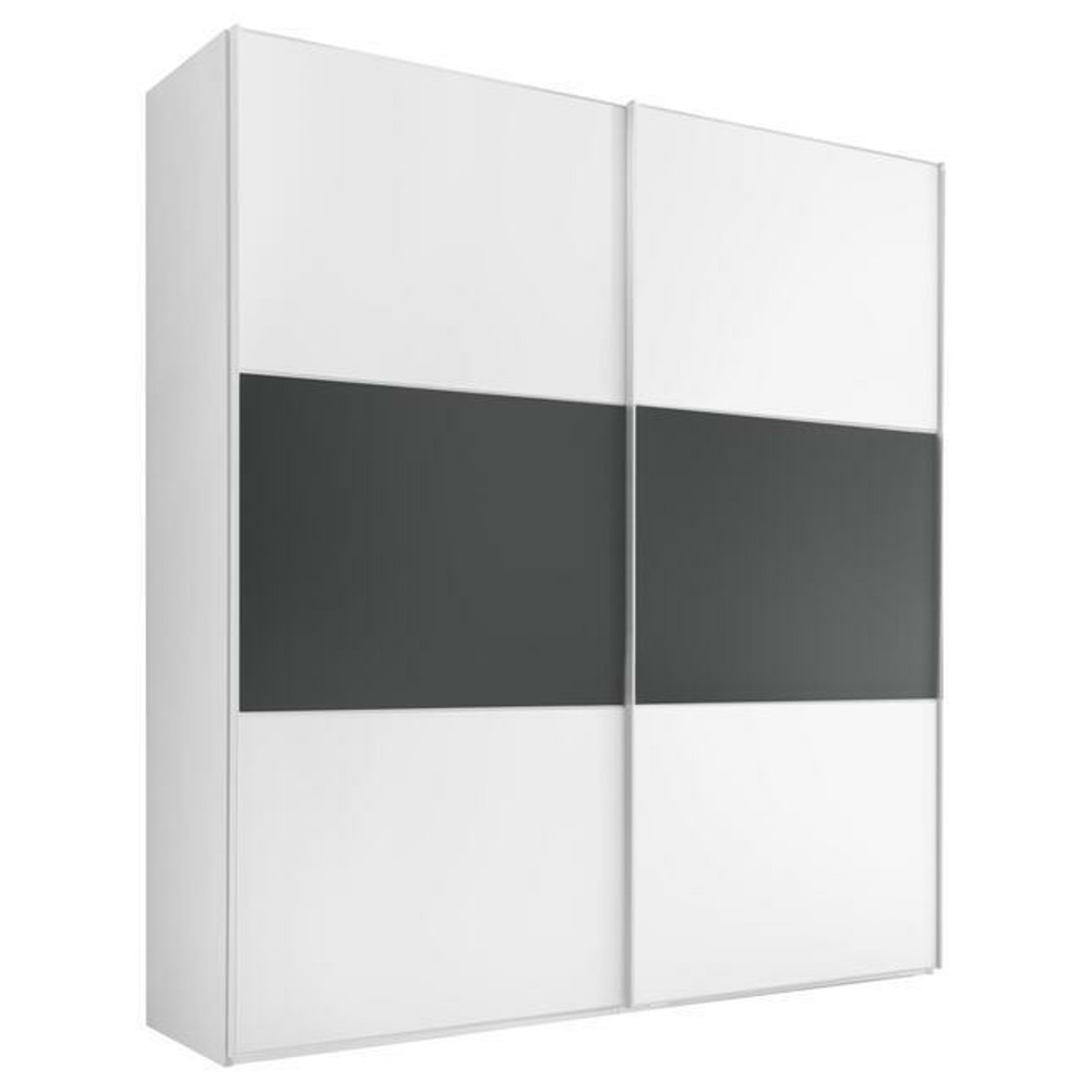 Skříň s posuvnými dveřmi INCLUDO elegantní bílé barvypřinese do vašeho interiéru příjemnou domácí atmosféru. Akcenty na dveřích v barevném antracitovém dekoru Vulkan jsou elegantním prvkem
