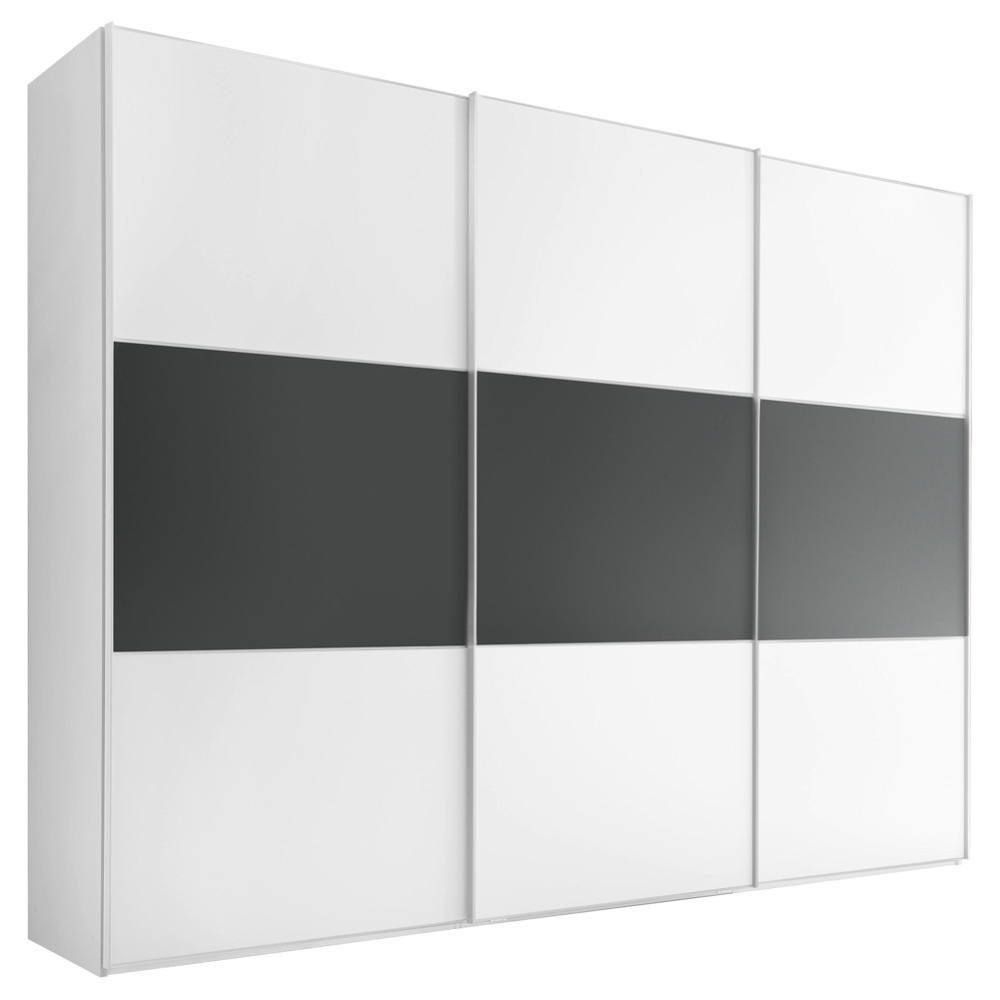 Skříň s posuvnými dveřmi INCLUDO v elegantní bílé barvěs prvky v antracitovém dekoru Vulkan přinese do vašeho interiéru příjemnou domácí atmosféru. VnitřníT-rozdělovač nabízí mnoho úložných možností pro oděvy