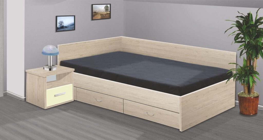 Manželská postel z lamina s ložnou plochou 200 × 160 centimetrů. Součástí postele je lamelový rošt