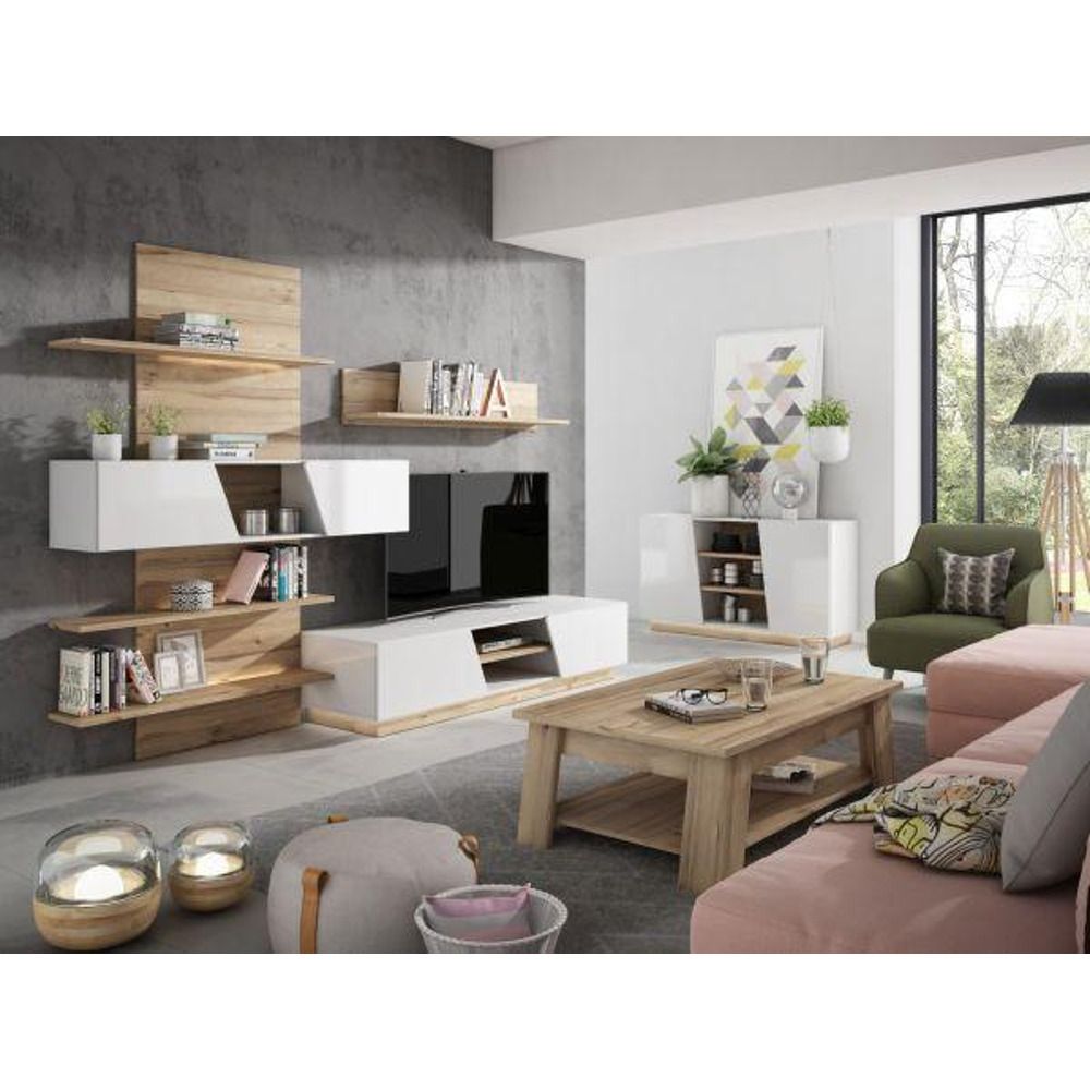 Tento výrobek je k dispozici POUZE ONLINE. Jednoduchá a zároveň trendová obývací stěna v moderní kombinaci dekorů bílá pololesklá a dub Planked nabízí praktický a atraktivní úložný prostor do obývacího pokoje. Bude zaručeně pastvou pro