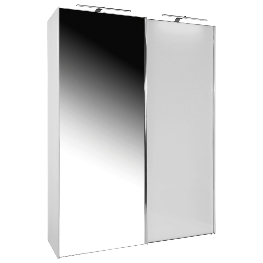 Moderní šatní skříň SONATE ROM s korpusem v bílém dekoru v kombinaci s 1 skleněnými dveřmi v alpské bílé a 1 dveřmi se zrcadlem přináší do ložnice funkčnost a eleganci. Kovové úchyty v chromové barvě dokončují celkový design. Šatník o rozměrech cca 225 x 240 x 68 cm (Š / V / H) je vybaven 2 posuvnými dveřmi
