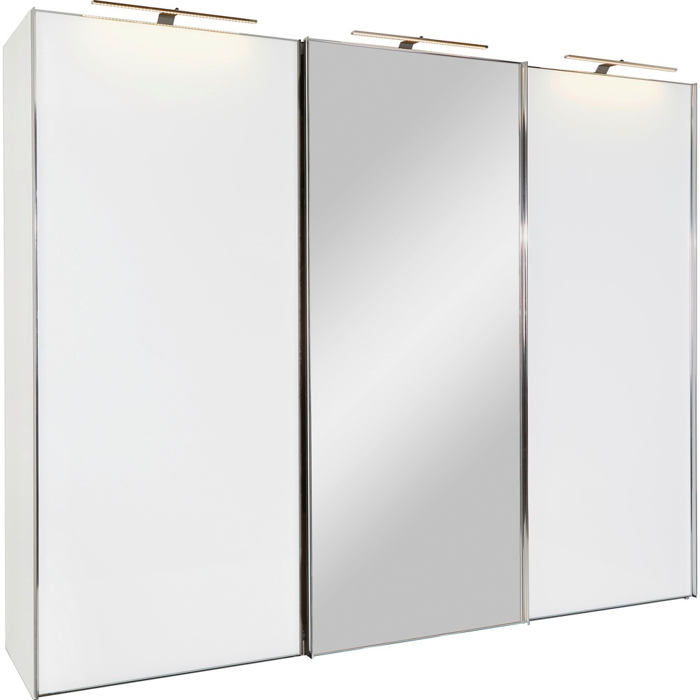 Moderní skříň v alpské bílé barvě s posuvnými dveřmi se skleněným povrchem přináší do ložnice funkčnost a eleganci. Jedny ze tří dvěří disponují velkým zrcadlem. Lištové úchyty v barvě chromu zaokrouhlují celkový design ve velkém stylu. Velký šatník o rozměrech cca 298 x 222 x 68 cm (Š / V / H) jevybaven 3 posuvnými dveřmi - velké zrcadlo vizuálně zvětšuje prostor aje
