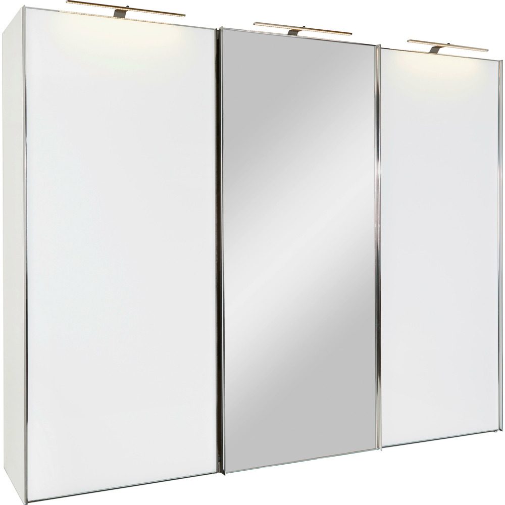 Moderní skříň s posuvnými dveřmi v bílé barvě vyhotovenými v kombinaci alpské bílé se skleněným povrchem přináší do ložnice funkčnost a elegantní vzhled. Jedny ze tří dvěří disponují velkým zrcadlem. Lištové úchyty v barvě chromu zaokrouhlují celkový design ve velkém stylu. Velký šatník o rozměrech cca 249 x 222 x 68 cm (Š / V / H) jevybaven 3 posuvnými dveřmi - velké zrcadlo vizuálně