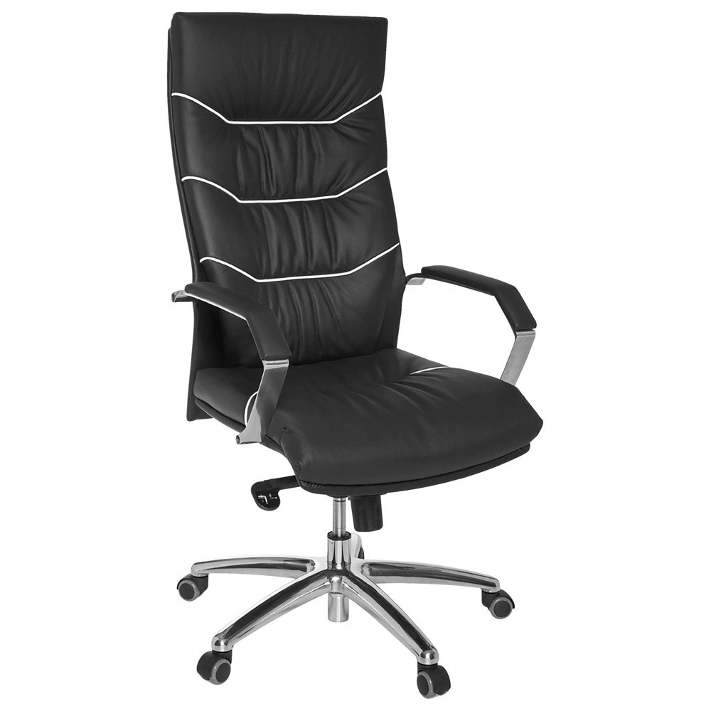 Výkonná stolička FERROL v černé barvě: Elegantní kancelářská židle z pravé kůže pro domácí kancelář  Toto zboží je k dispozici POUZE ONLINE. Výkonná stolička TURIN z pravé černé kůže je ideálním řešením do kanceláře nebo domácí pracovny. Zaboduje nejen skvělým designem s ozdobným přešitím