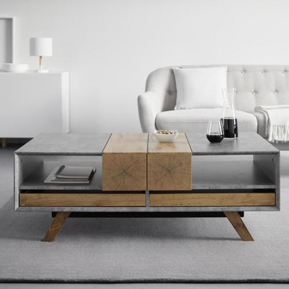 Tento výrobek je k dispozici POUZE ONLINE. Tento konferenční stolek v dubovém a šedém odstínu s přímým vzhledem nabízí praktický úložný prostor pro váš příbytek. Je vyhotoven v dekorech beton a dub s 3D fólií se vzorem dřeva