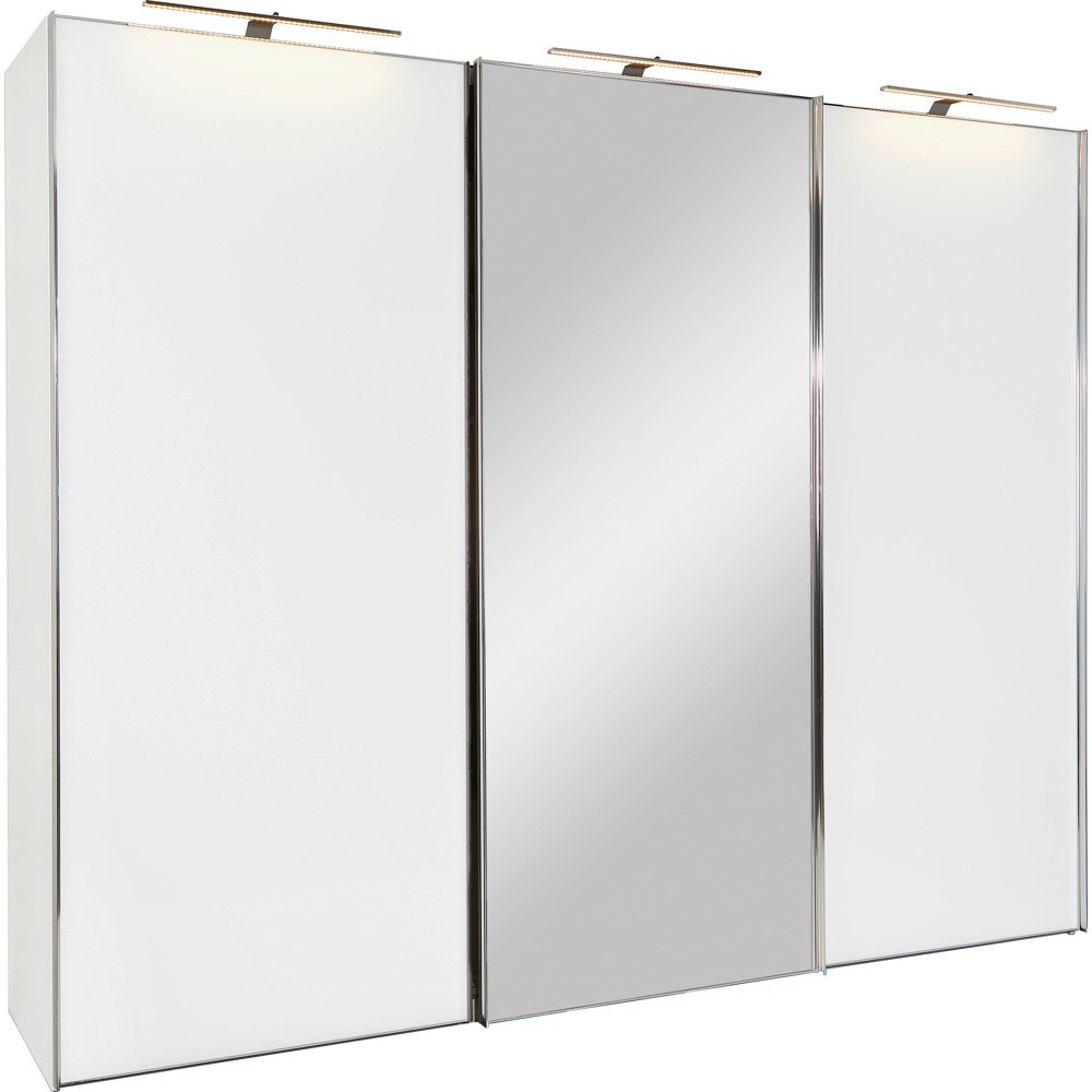 Moderní skříň v alpské bílé barvě s posuvnými dveřmi se skleněným povrchem přináší do ložnice funkčnost a eleganci. Jedny ze tří dvěří disponují velkým zrcadlem. Lištové úchyty v barvě chromu zaokrouhlují celkový design ve velkém stylu. Velký šatník o rozměrech cca 336 x 222 x 68 cm (Š / V / H) jevybaven 3 posuvnými dveřmi - velké zrcadlo vizuálně zvětšuje prostor aje