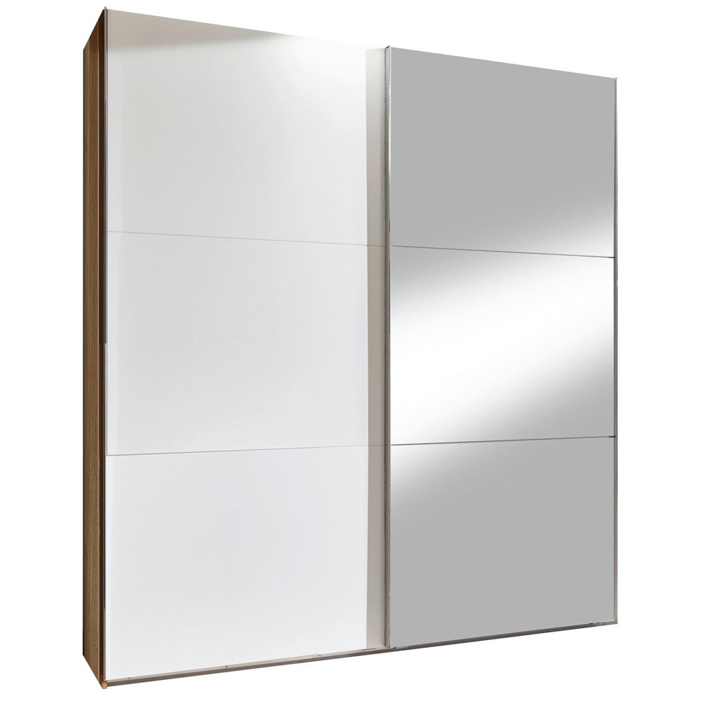 Skříň v moderní kombinaci dekorů bílá a přírodní dubdisponuje dvěma posuvnými dveřmi. Jedny jsou vyhotoveny se zrcadlovýmpovrchem. Dveře disponují kovovými lištovými úchyty v barvě chromu. Zadveřmi se nacházejí 4 police a 2