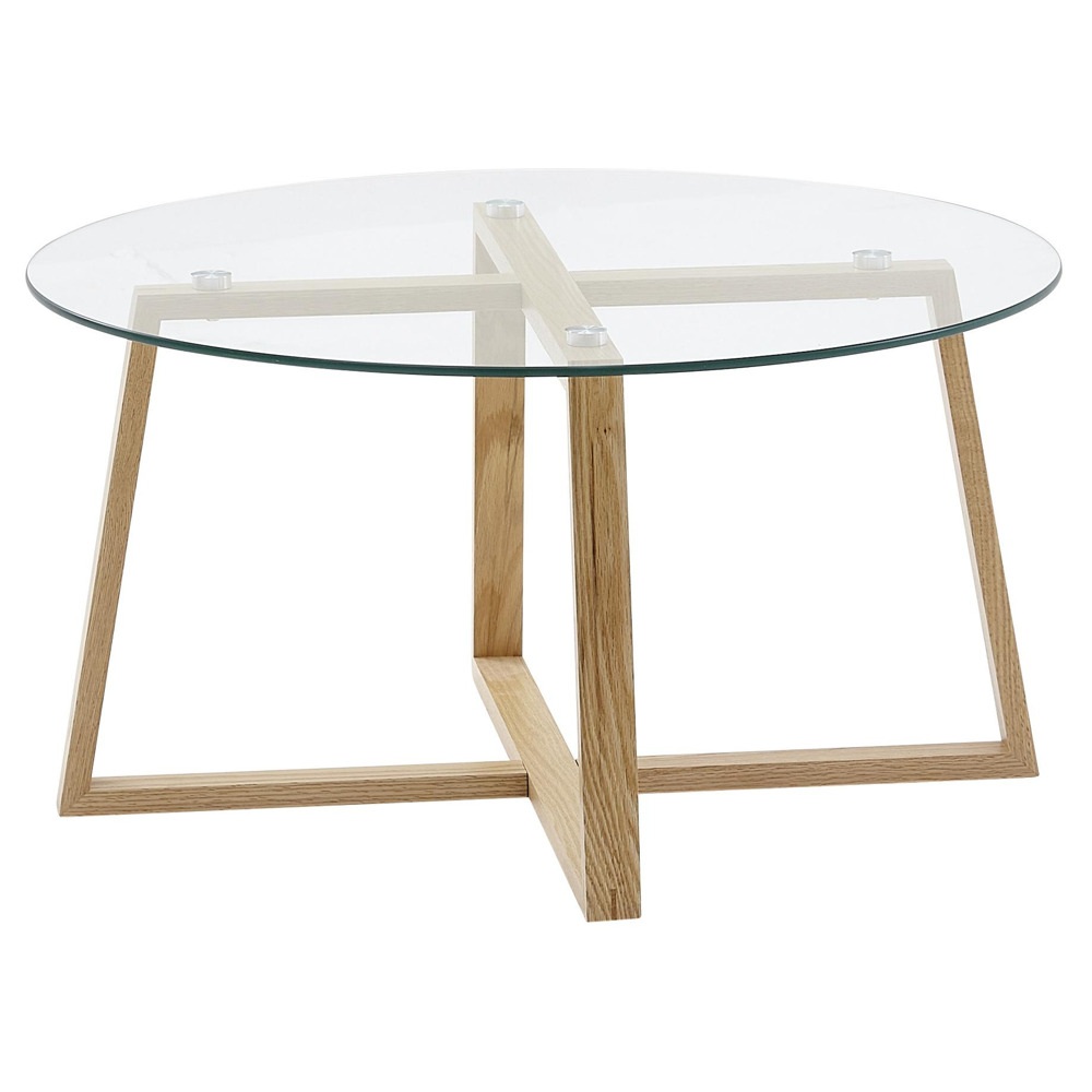 Nižší konferenční stolek do obývacího pokoje s průhledným krytem a stojanem ze dřeva. Toto zboží je k dispozici POUZE ONLINE