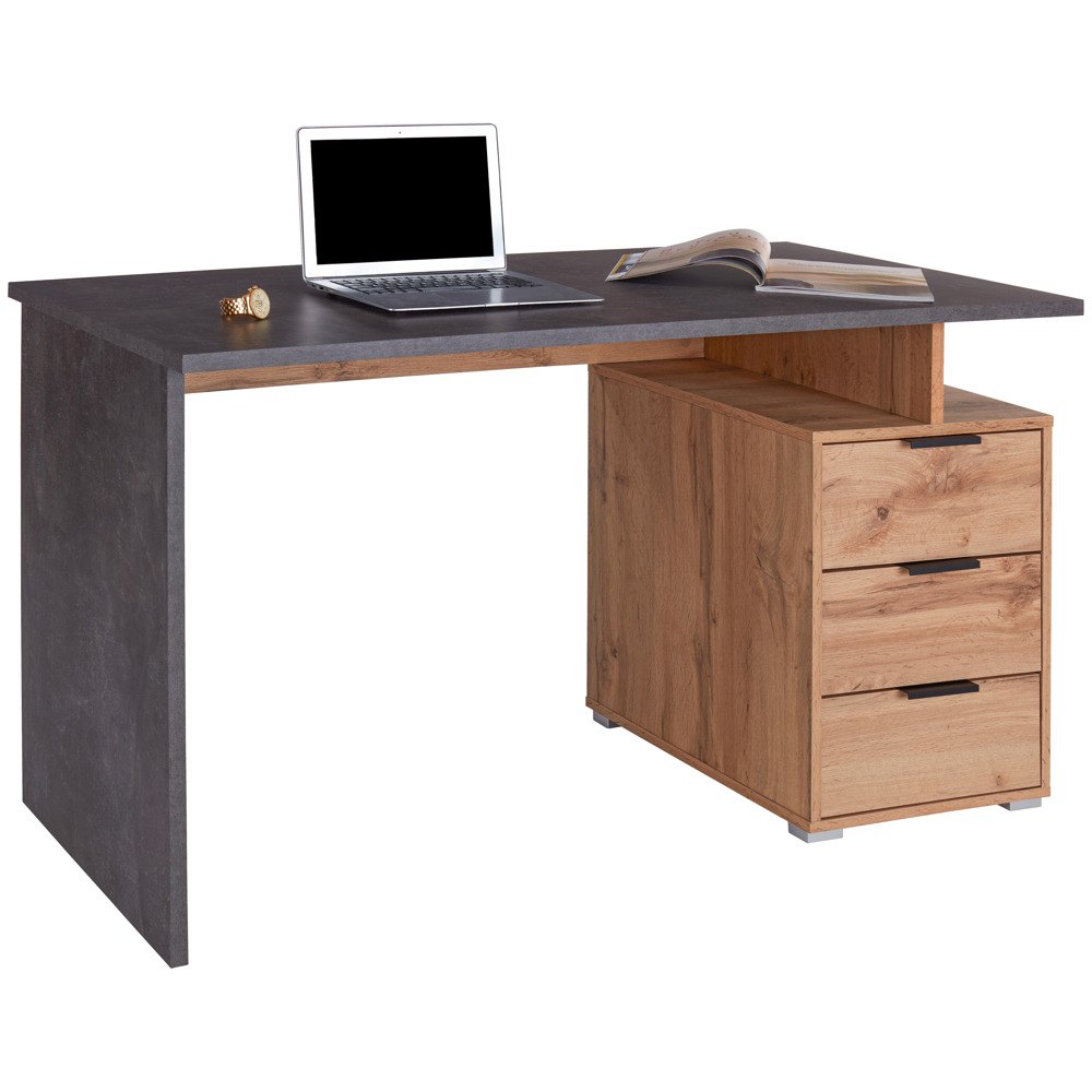 Tento snadno udržovatelný stůl MX 145 o rozměrech cca 138 x 76 x 60 cm (Š x V x H) v betonovém vzhledu a v dekoru dřeva dub Wotan nabízí více než jen velkorysou pracovní plochu. Díky třem zásuvkám máte po ruce vše