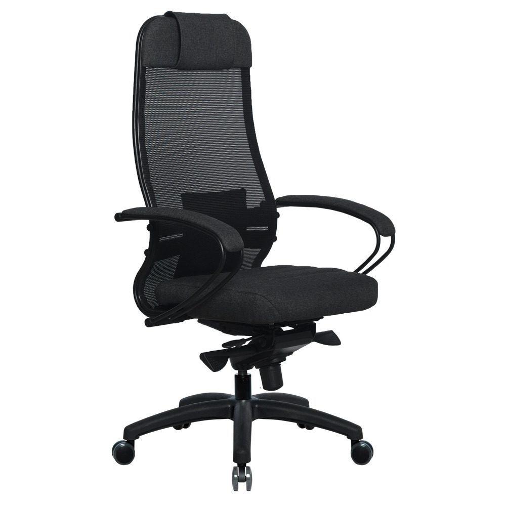 Udělejte svým zádům službu - s nastavitelnou výkonnou židlí z plastu s polyesterovým potahem v tmavě šedé barvě a integrovanou bederní a opěrkou hlavy.Výkonná židle